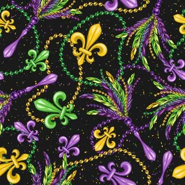 Seamless pattern with fleur de lis, strings of beads, feathers. イラスト素材