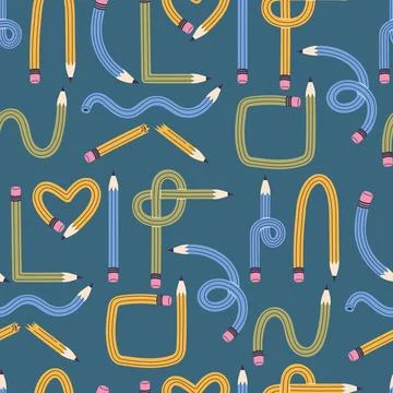 Seamless Pattern Flexible Bendable Pencils Twisted into Various Shapes and .. Stock Illustration