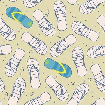 Seamless pattern with flip flops. Colored slippers on on the sand. Beach sa.. Stock Illustration