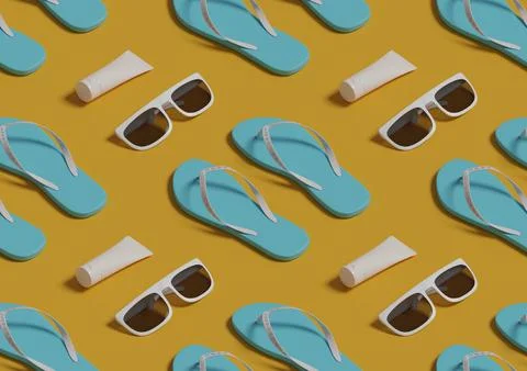 Seamless pattern of flip flops, sunglasses and sunscreen. 3d illustration. Stock Illustration
