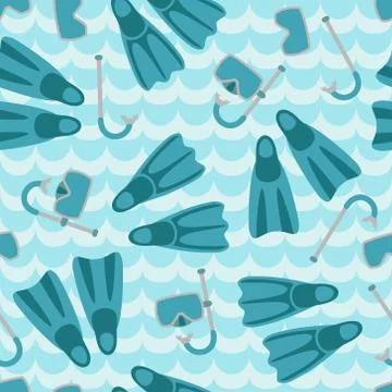 Seamless pattern with flippers, mask and snorkel on white background Stock Illustration