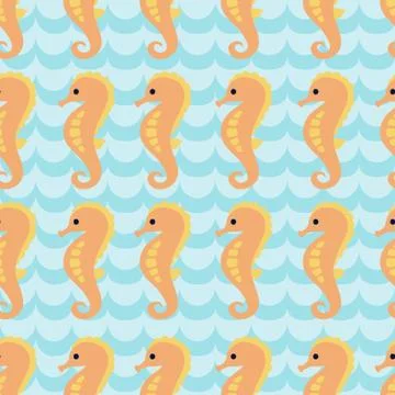 Seamless pattern with flock of cartoon seahorses on blue background Stock Illustration