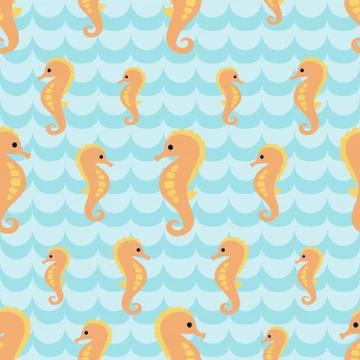 Seamless pattern with flock of cartoon seahorses on wave background Stock Illustration