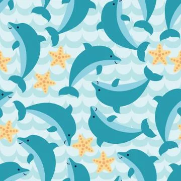 Seamless pattern with flock of cute cartoon dolphins and starfishes Stock Illustration