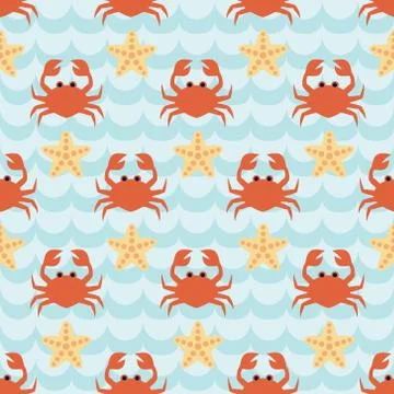 Seamless pattern with flock of cute cartoon crabs and starfishes Stock Illustration