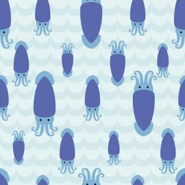 Seamless pattern with flock of cute cartoon squids Illustrazione stock