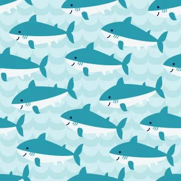 Seamless pattern with flock of cute cartoon sharks Stock Illustration