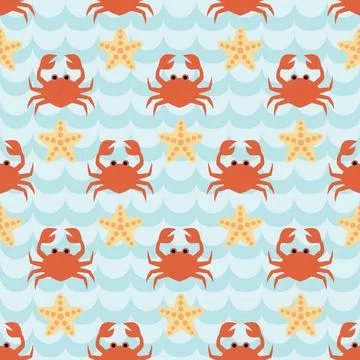 Seamless pattern with flock of cute cartoon crabs and starfishes Seamless ... Stock Photos