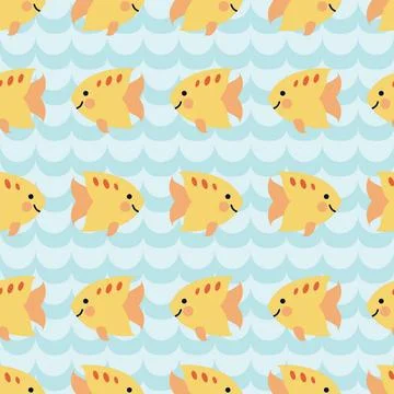 Seamless pattern with flock of cute cartoon smiling fishes. Seamless patte... Stock Photos