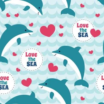 Seamless pattern with flock of dolphins. For cards, invitations, wedding or baby Stock Illustration