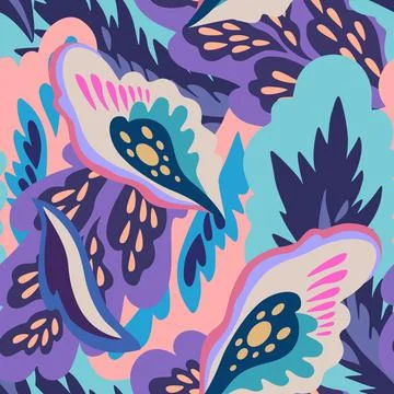 Seamless pattern with floral and plants element in psychedelic funky style in Stock Illustration