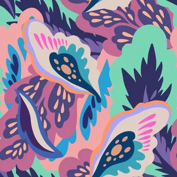 Seamless pattern with floral and plants element in psychedelic funky style in Stock Illustration