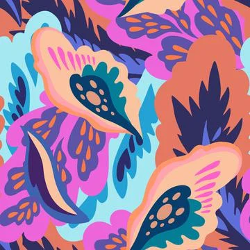 Seamless pattern with floral and plants element in psychedelic funky style in Stock Illustration
