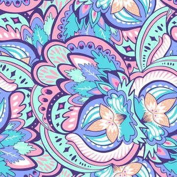 Seamless pattern with floral and plants element in psychedelic funky style in Stock Illustration