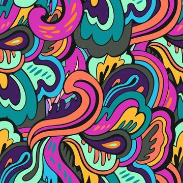 Seamless pattern with floral and plants element in psychedelic funky style in Stock Illustration