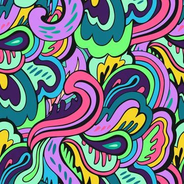 Seamless pattern with floral and plants element in psychedelic funky style in Stock Illustration