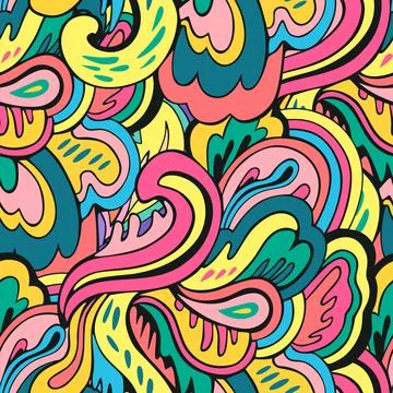 Seamless pattern with floral and plants element in psychedelic funky style in Stock Illustration