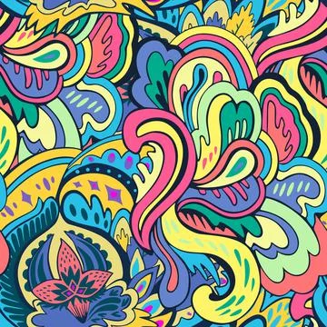 Seamless pattern with floral and plants element in psychedelic funky style in Stock Illustration