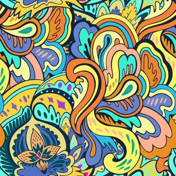 Seamless pattern with floral and plants element in psychedelic funky style in Stock Illustration