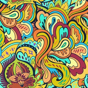 Seamless pattern with floral and plants element in psychedelic funky style in Stock Illustration