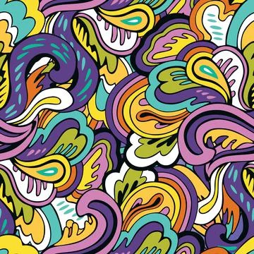 Seamless pattern with floral and plants element in psychedelic funky style in Stock Illustration