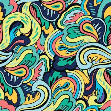 Seamless pattern with floral and plants element in psychedelic funky style in Stock Illustration