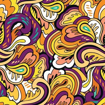 Seamless pattern with floral and plants element in psychedelic funky style in Stock Illustration