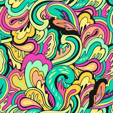 Seamless pattern with floral and plants element in psychedelic funky style in Stock Illustration