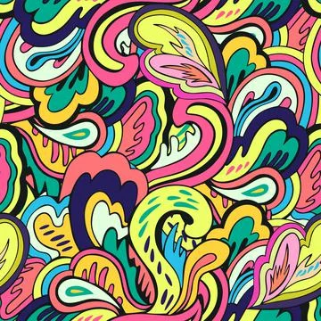 Seamless pattern with floral and plants element in psychedelic funky style in Stock Illustration