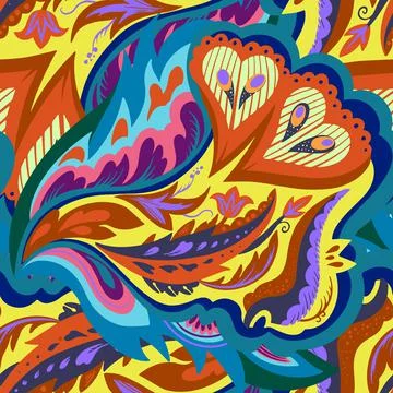 Seamless pattern with floral and plants element in psychedelic funky style in Stock Illustration