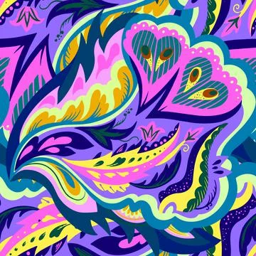 Seamless pattern with floral and plants element in psychedelic funky style in Stock Illustration