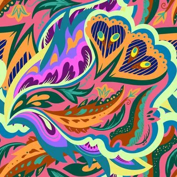 Seamless pattern with floral and plants element in psychedelic funky style in Stock Illustration