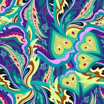 Seamless pattern with floral and plants element in psychedelic funky style in Stock Illustration