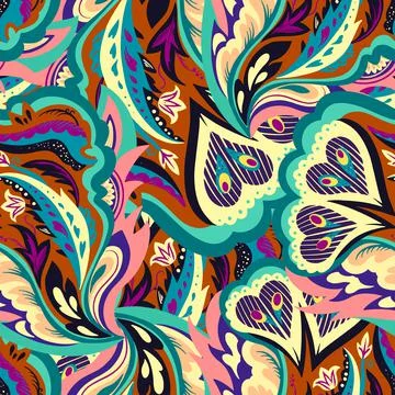Seamless pattern with floral and plants element in psychedelic funky style in Stock Illustration