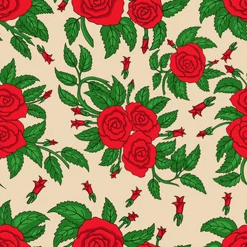 Seamless pattern of floral background with red roses and leaves Stock Illustration
