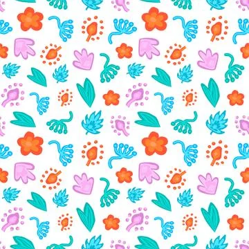 Seamless pattern floral botanical abstraction. Colored flowers, leaves, buds  Stock Illustration
