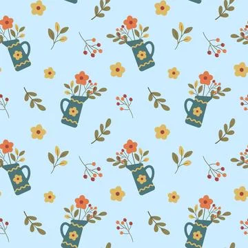 Seamless pattern with floral bouquets in jugs and leaves on blue background Stock Illustration