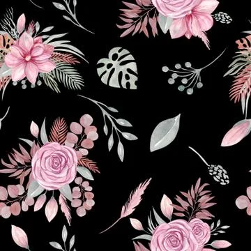 Seamless pattern of floral elements on a black background Boho dried plants a Stock Illustration