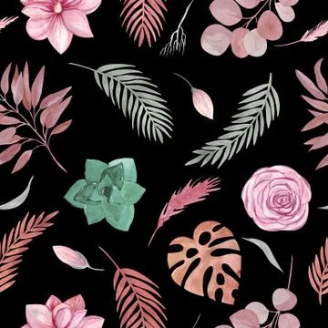 Seamless pattern of floral elements on a black background Boho dried plants a Illustrazione stock