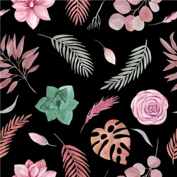 Seamless pattern of floral elements on a black background Boho dried plants and Illustrazione stock