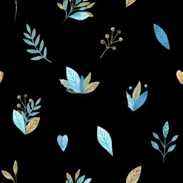 Seamless pattern of floral elements on a black background. Watercolor hand イラスト素材