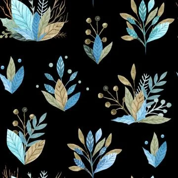 Seamless pattern of floral elements on a black background. Watercolor hand 스톡 일러스트