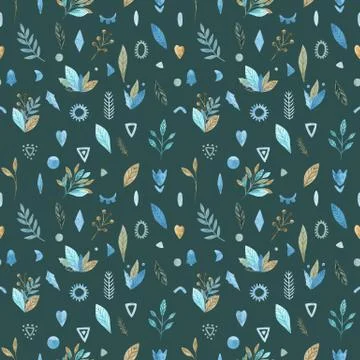 Seamless pattern of floral elements on a green background. Watercolor hand 库存插图