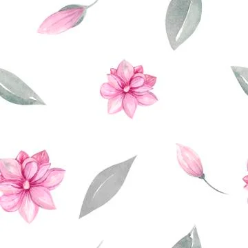 Seamless pattern of floral elements Magnolia and pink tulips, spring greenery Illustrazione stock