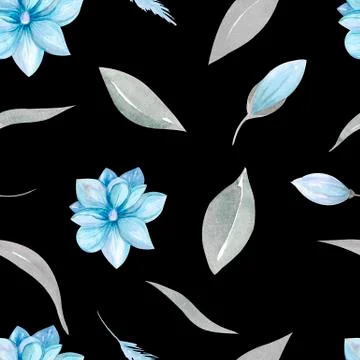 Seamless pattern of floral elements Magnolia and blue tulips, spring greenery 스톡 일러스트