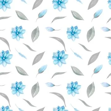 Seamless pattern of floral elements Magnolia and blue tulips, spring greenery 스톡 일러스트