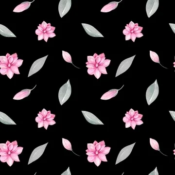 Seamless pattern of floral elements Magnolia and pink tulips, spring greenery Illustrazione stock