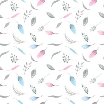 Seamless pattern of floral elements Pink and blue tulips, spring greenery Illustrazione stock