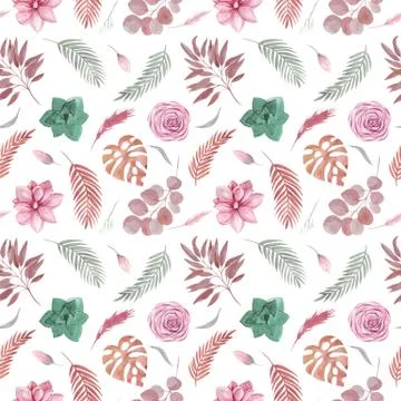 Seamless pattern of floral elements on a white background Boho dried plants a Stock Illustration