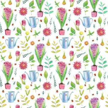 Seamless pattern - floral garden, spring or summer, watering can, flowers, grass Stock Illustration